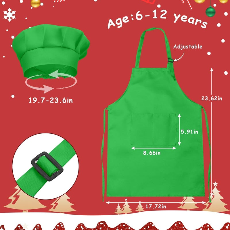 IAGBIBUI Kids Apron and Chef Hat Set, 16 Pieces Boys Girls Christmas Kids Apron with 2 Pockets Adjustable for Cooking Classroom Baking Painting, 6-13 Years(Red, Green) - Image 2